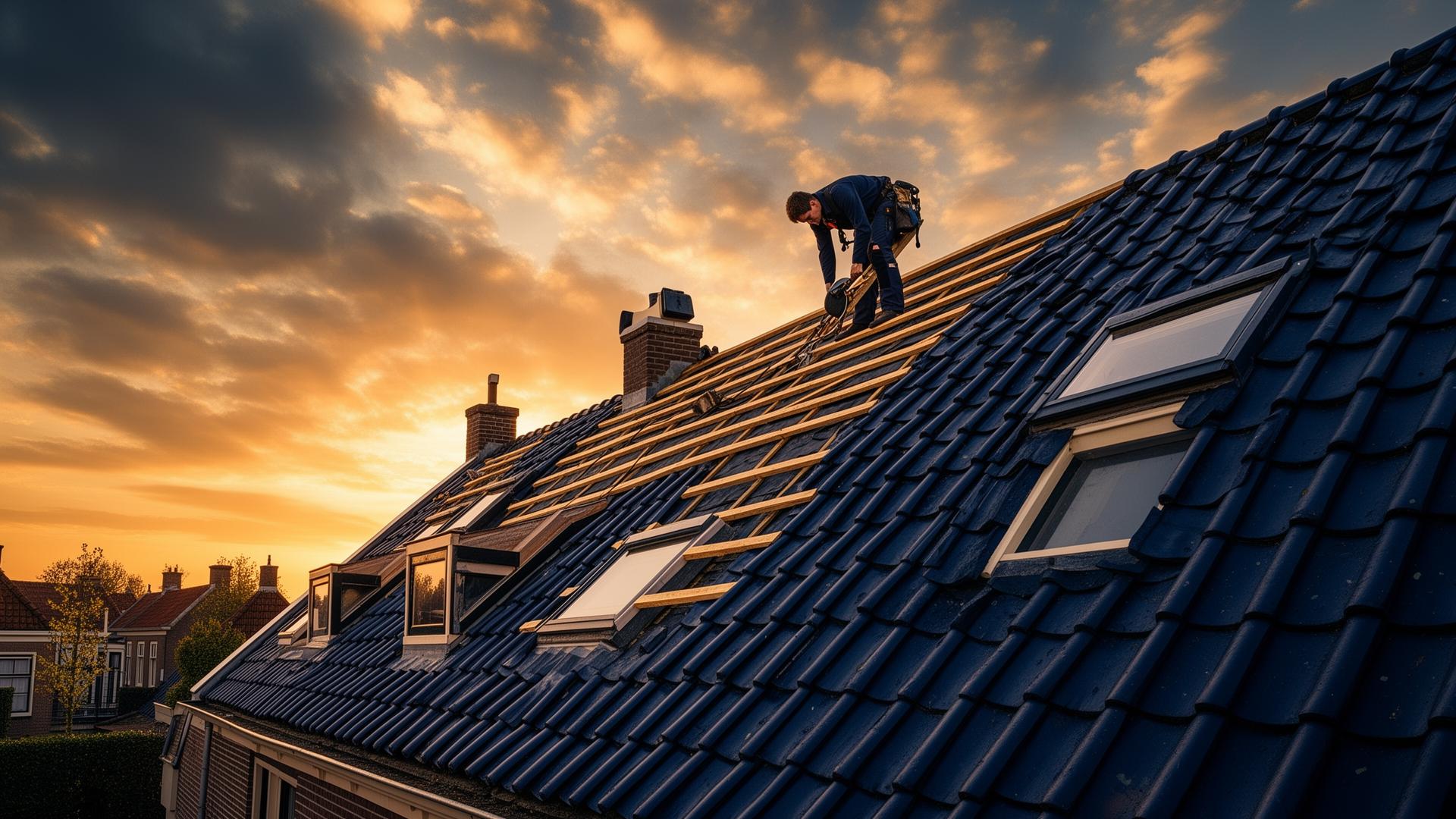 Dakdekker aan het werk op een Nederlands pannendak